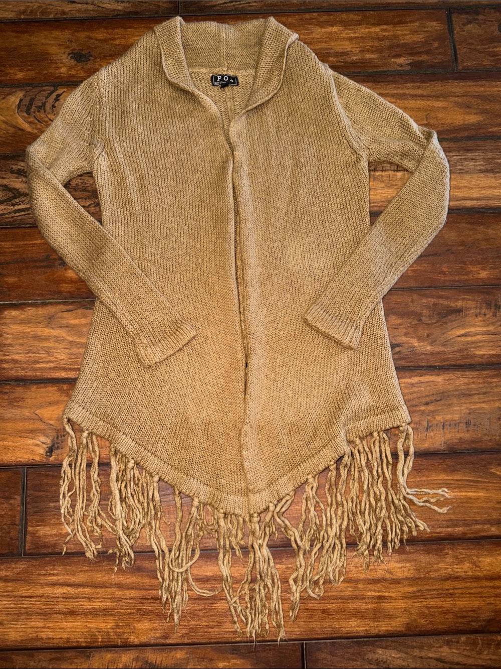 POL Tan Fringe Open-Front Knit Cardigan